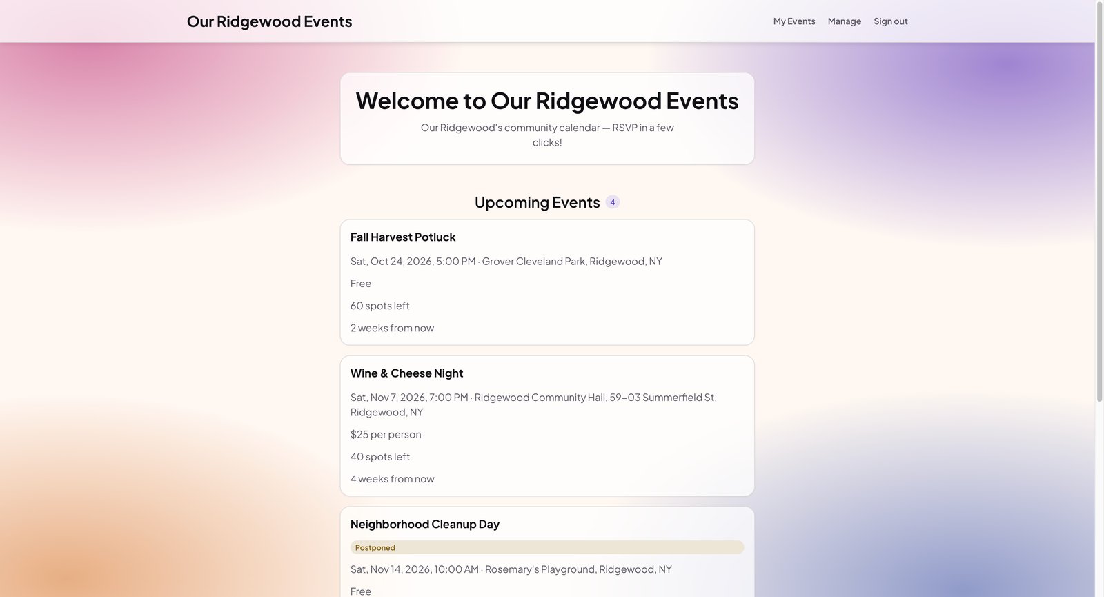 Screenshot of Our Ridgewood Events